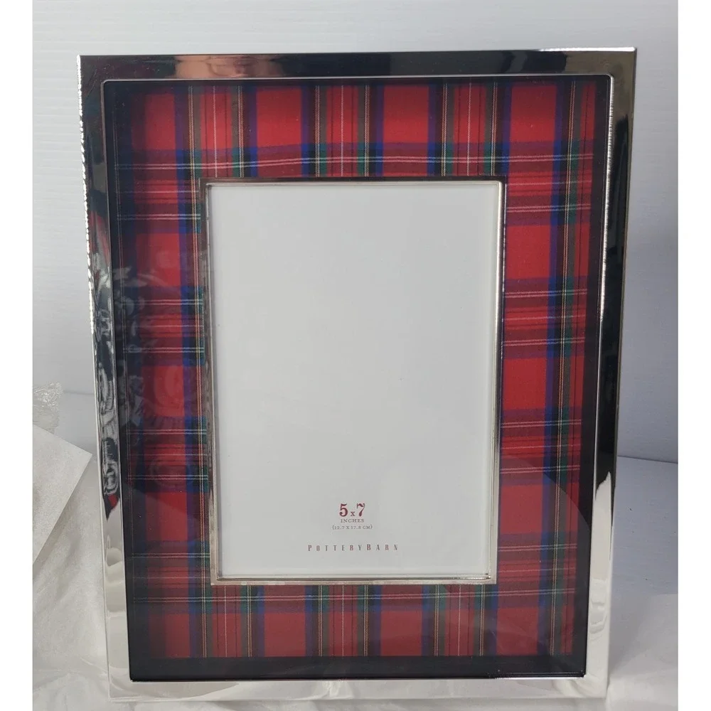 Pottery Barn Plaid Tartan & Nickel Plate 5x7 Picture Frame NEW OLD STOCK